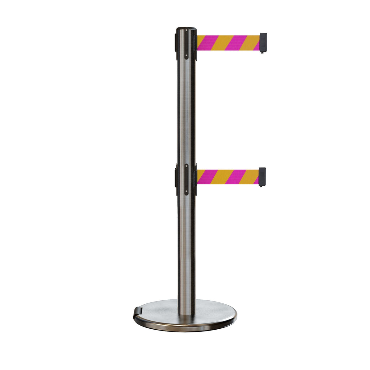 Retractable Dual Belt Barrier Stanchion, Rolling Base, Satin Stainless Steel Post, 11 ft Belt - Montour Line ME630D - Crowd Control Warehouse