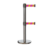 Retractable Dual Belt Barrier Stanchion, Rolling Base, Satin Stainless Steel Post, 11 ft Belt - Montour Line ME630D - Crowd Control Warehouse