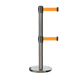Retractable Dual Belt Barrier Stanchion, Rolling Base, Satin Stainless Steel Post, 11 ft Belt - Montour Line ME630D - Crowd Control Warehouse