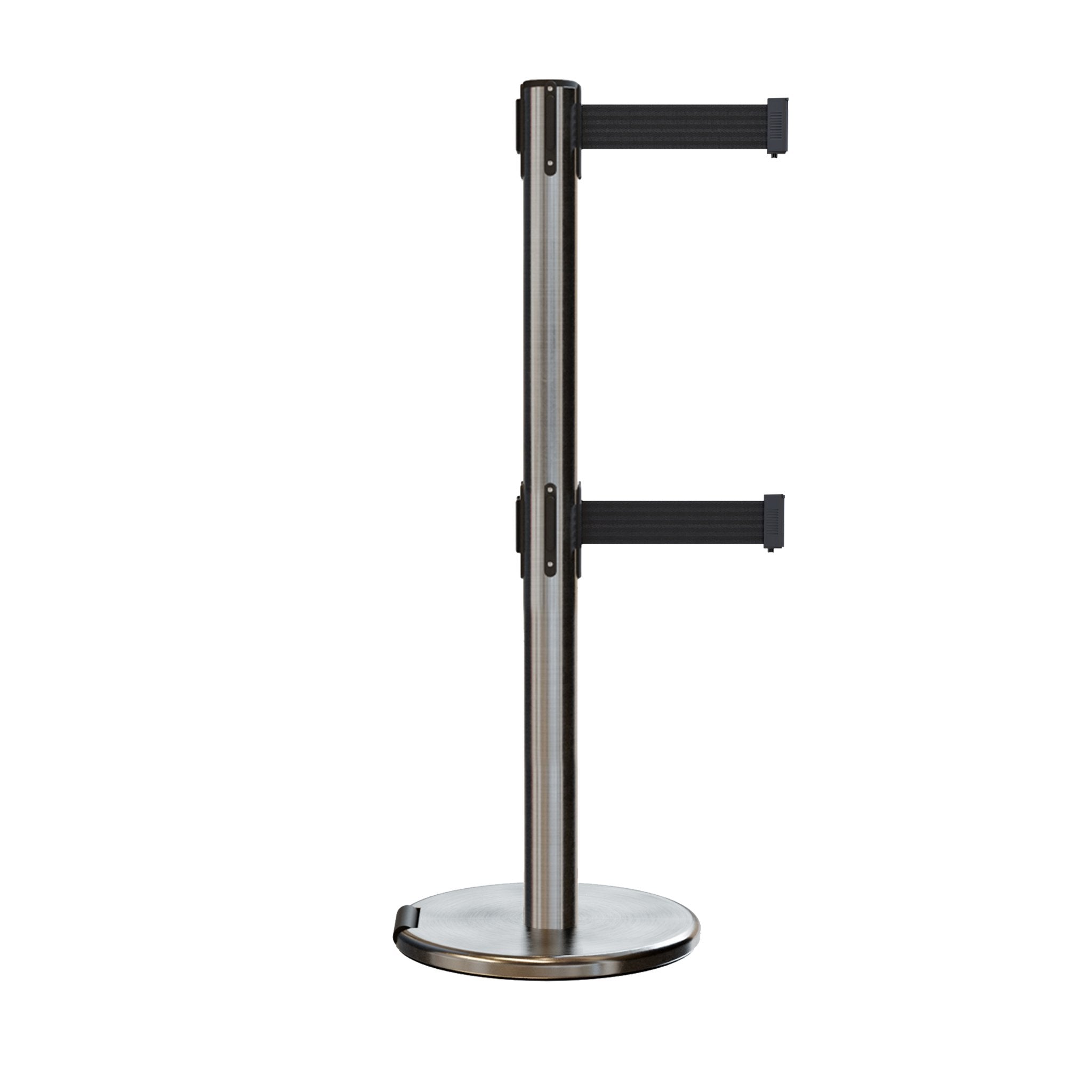 Retractable Dual Belt Barrier Stanchion, Rolling Base, Satin Stainless Steel Post, 11 ft Belt - Montour Line ME630D - Crowd Control Warehouse