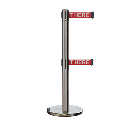 Retractable Dual Belt Barrier Stanchion, Rolling Base, Satin Stainless Steel Post, 11 ft Belt - Montour Line ME630D - Crowd Control Warehouse