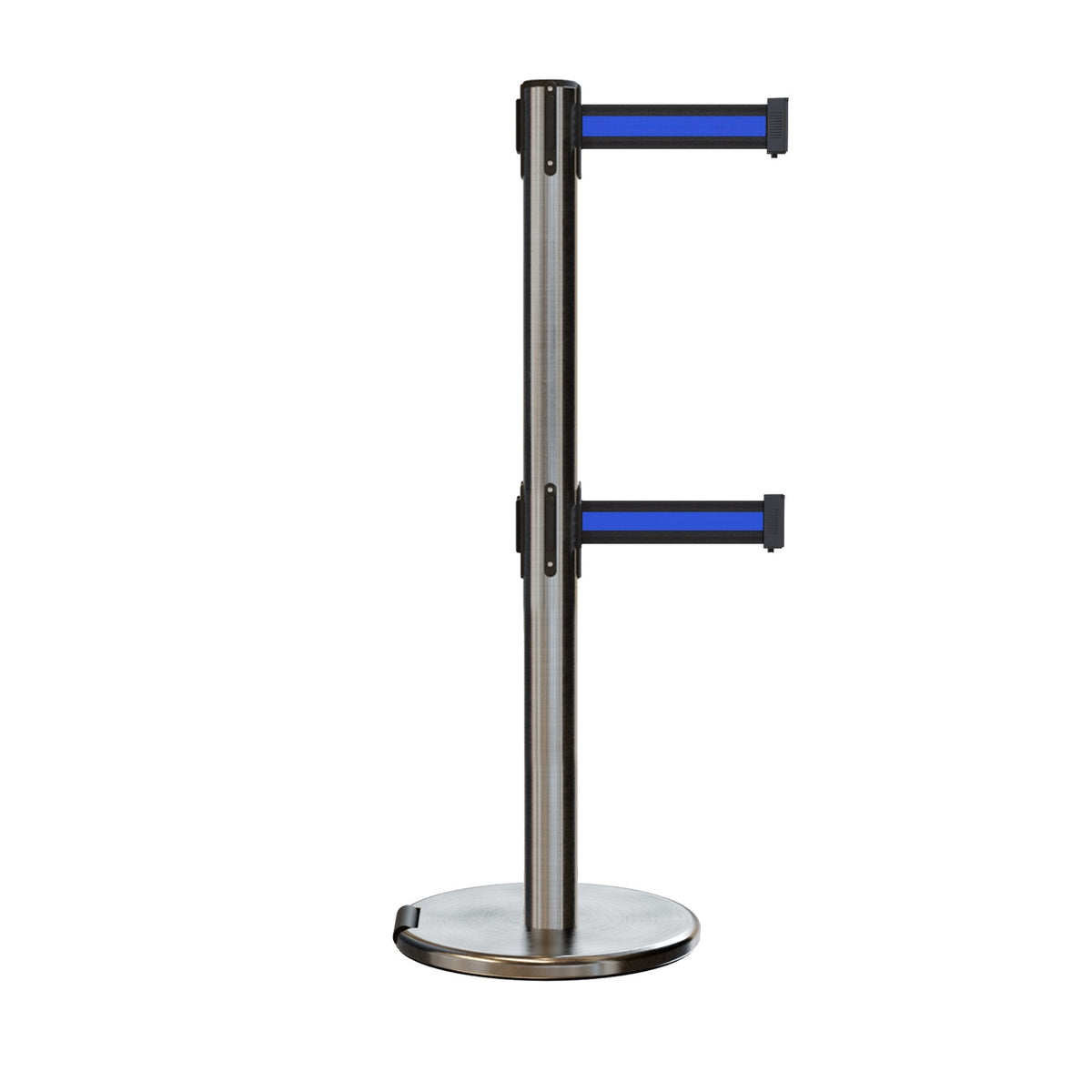 Retractable Dual Belt Barrier Stanchion, Rolling Base, Satin Stainless Steel Post, 11 ft Belt - Montour Line ME630D - Crowd Control Warehouse
