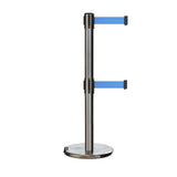 Retractable Dual Belt Barrier Stanchion, Rolling Base, Satin Stainless Steel Post, 11 ft Belt - Montour Line ME630D - Crowd Control Warehouse