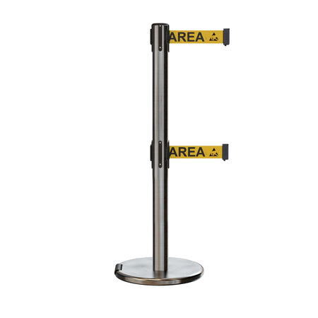Retractable Dual Belt Barrier Stanchion, Rolling Base, Satin Stainless Steel Post, 11 ft Belt - Montour Line ME630D - Crowd Control Warehouse