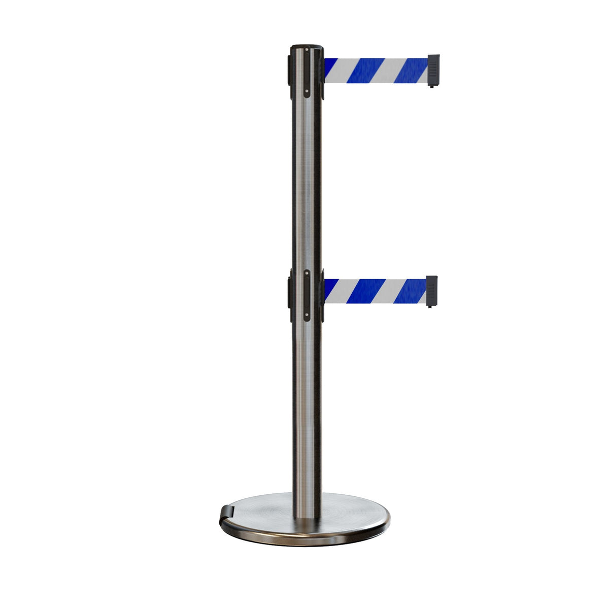 Retractable Dual Belt Barrier Stanchion, Rolling Base, Satin Stainless Steel Post, 11 ft Belt - Montour Line ME630D - Crowd Control Warehouse