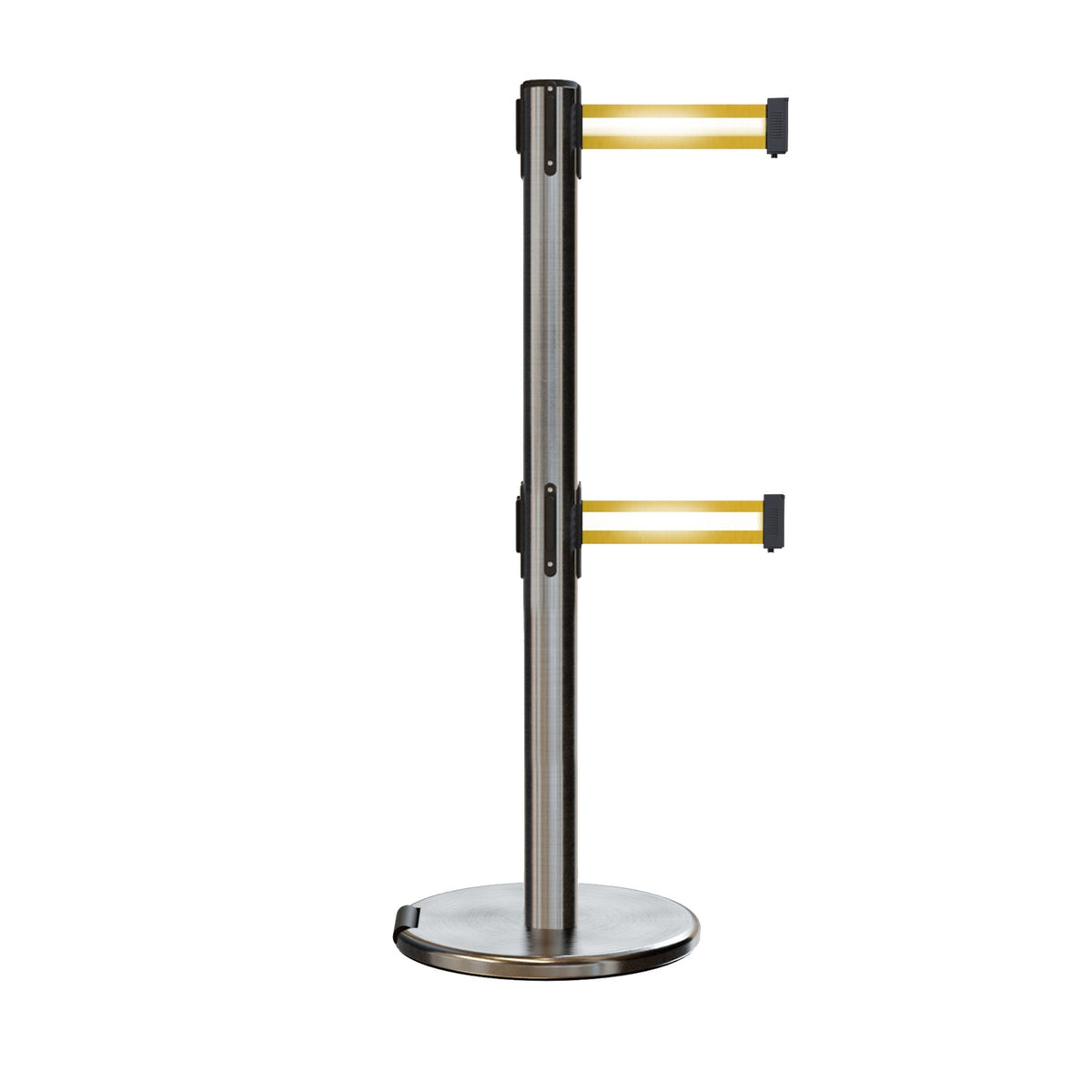Retractable Dual Belt Barrier Stanchion, Rolling Base, Satin Stainless Steel Post, 11 ft Belt - Montour Line ME630D - Crowd Control Warehouse