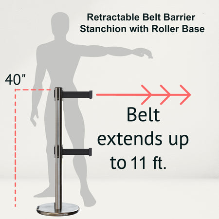 Retractable Dual Belt Barrier Stanchion, Rolling Base, Satin Stainless Steel Post, 11 ft Belt - Montour Line ME630D - Crowd Control Warehouse
