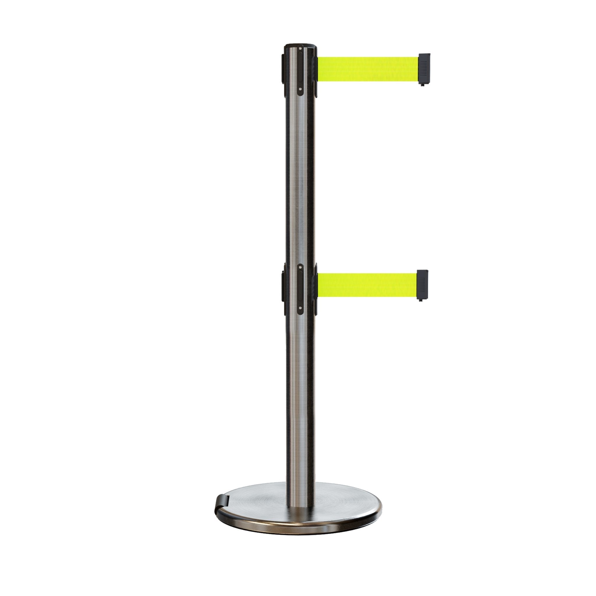 Retractable Dual Belt Barrier Stanchion, Rolling Base, Satin Stainless Steel Post, 11 ft Belt - Montour Line ME630D - Crowd Control Warehouse