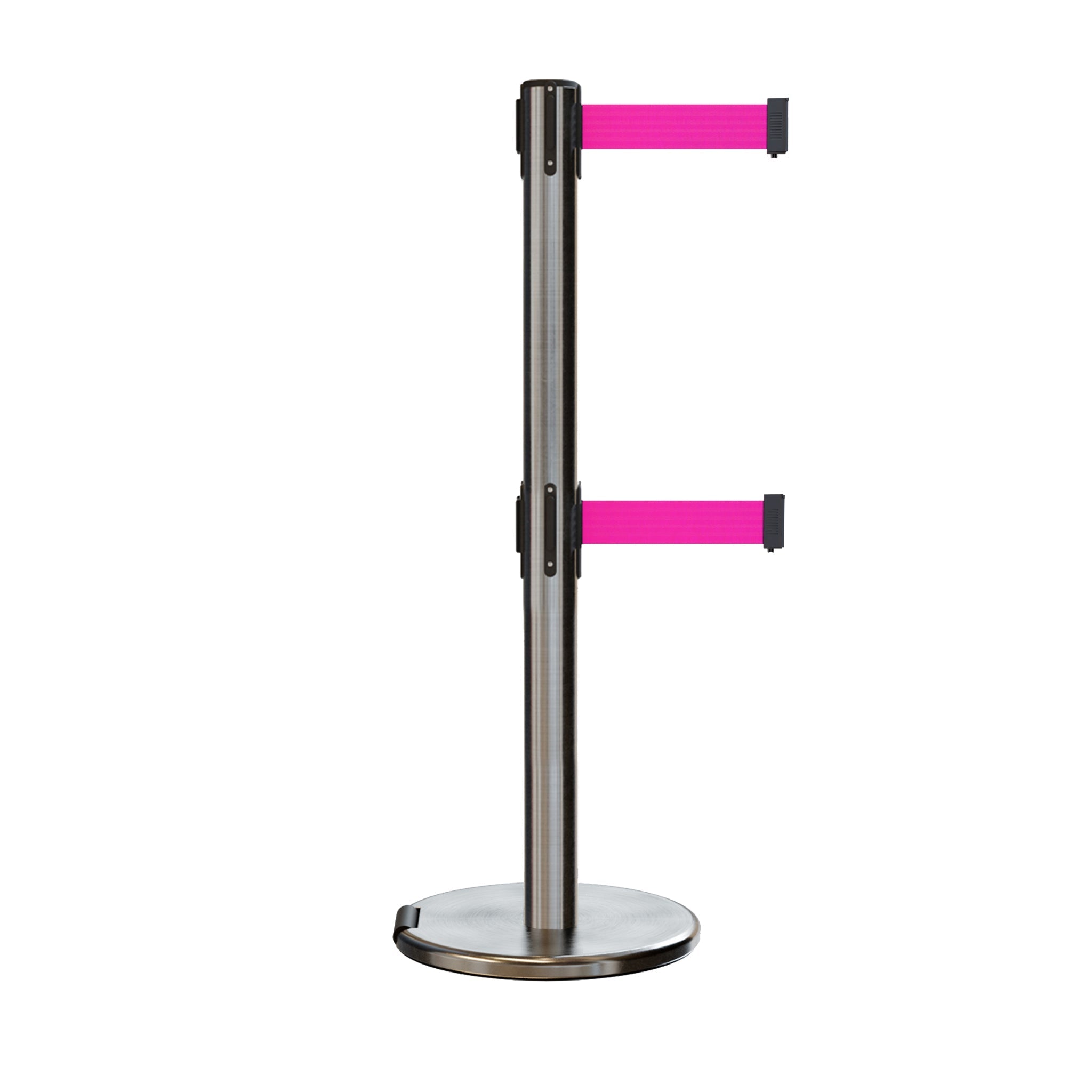Retractable Dual Belt Barrier Stanchion, Rolling Base, Satin Stainless Steel Post, 13 ft Belt - Montour Line ME630D - Crowd Control Warehouse