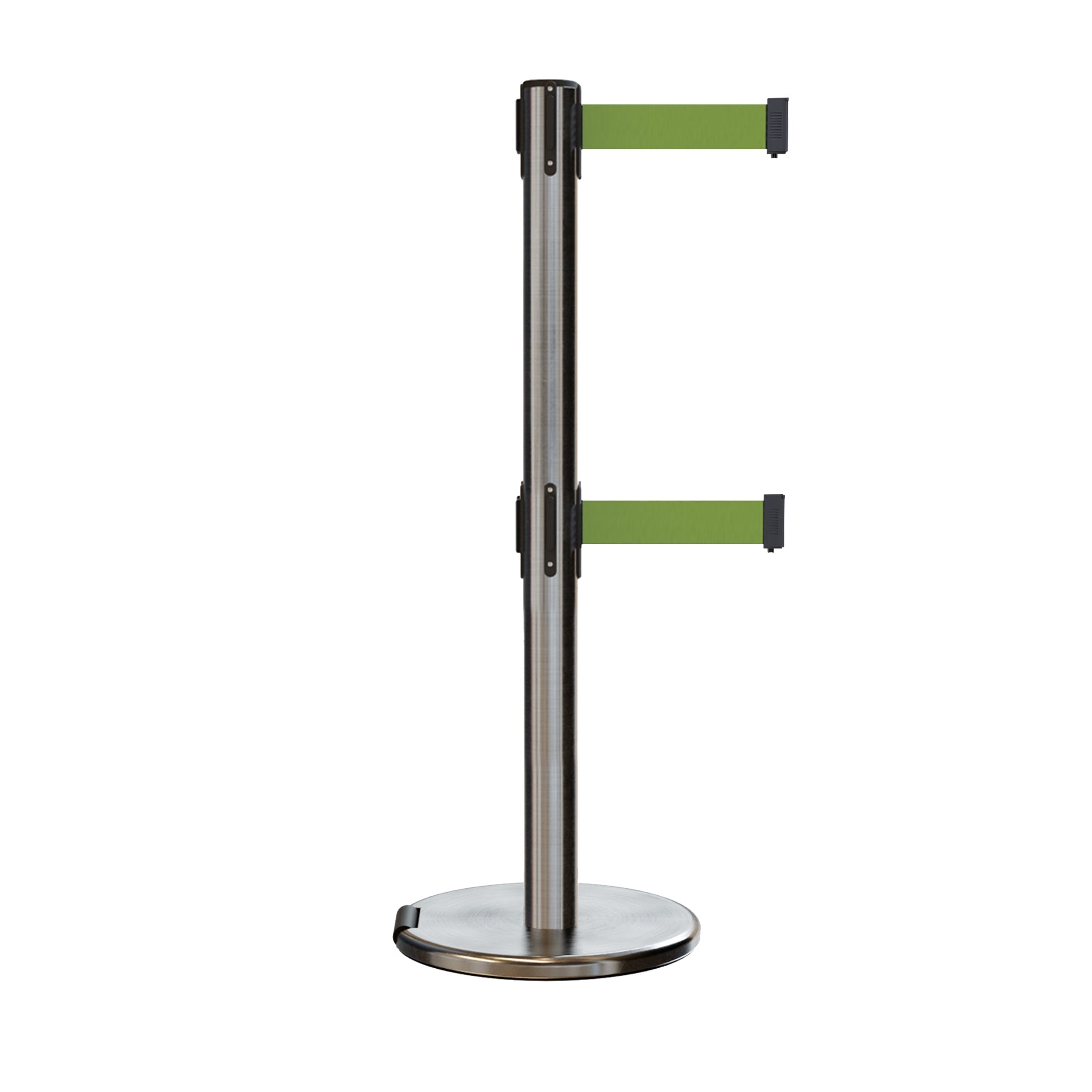 Retractable Dual Belt Barrier Stanchion, Rolling Base, Satin Stainless Steel Post, 13 ft Belt - Montour Line ME630D - Crowd Control Warehouse