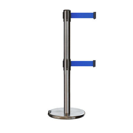 Retractable Dual Belt Barrier Stanchion, Rolling Base, Satin Stainless Steel Post, 13 ft Belt - Montour Line ME630D - Crowd Control Warehouse