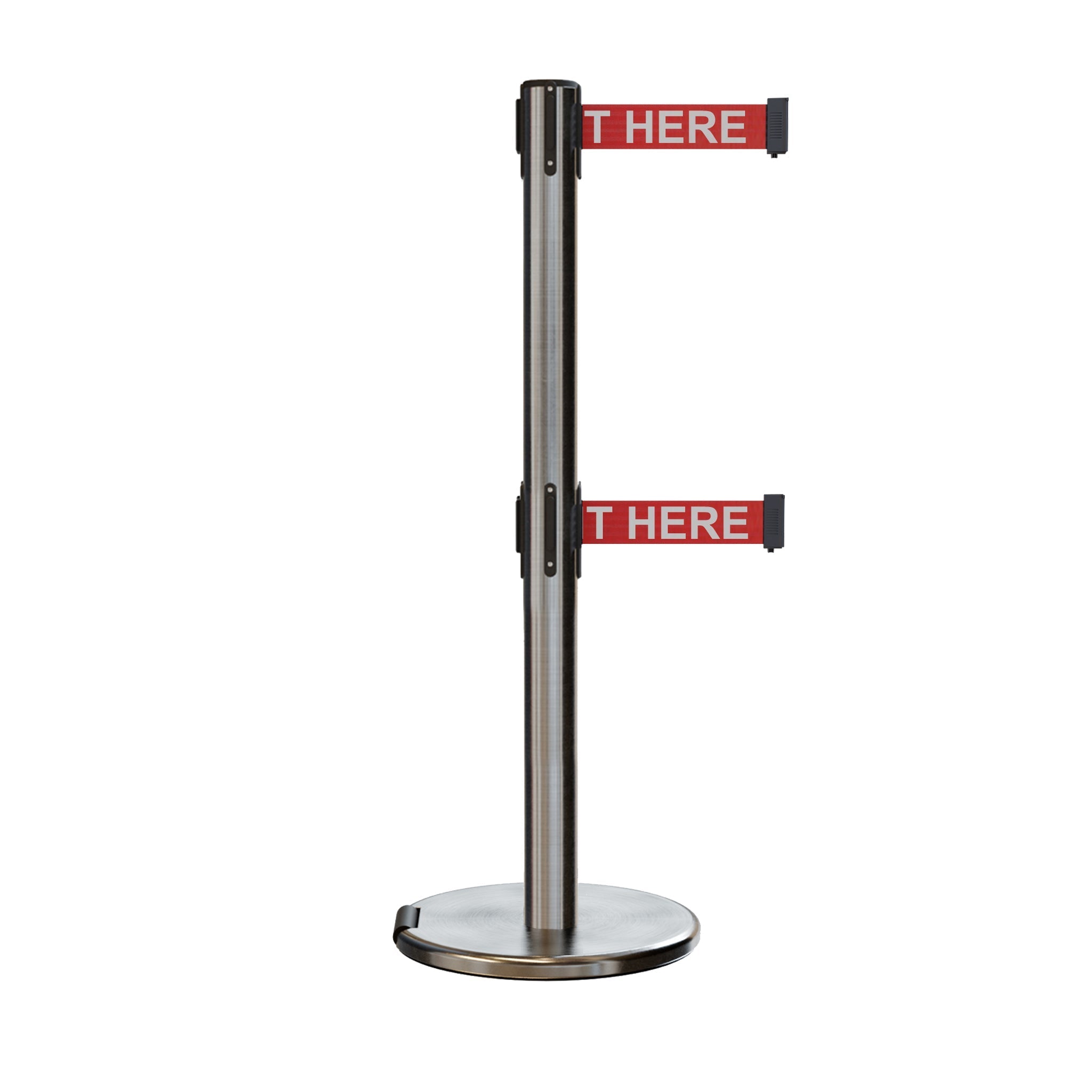 Retractable Dual Belt Barrier Stanchion, Rolling Base, Satin Stainless Steel Post, 13 ft Belt - Montour Line ME630D - Crowd Control Warehouse