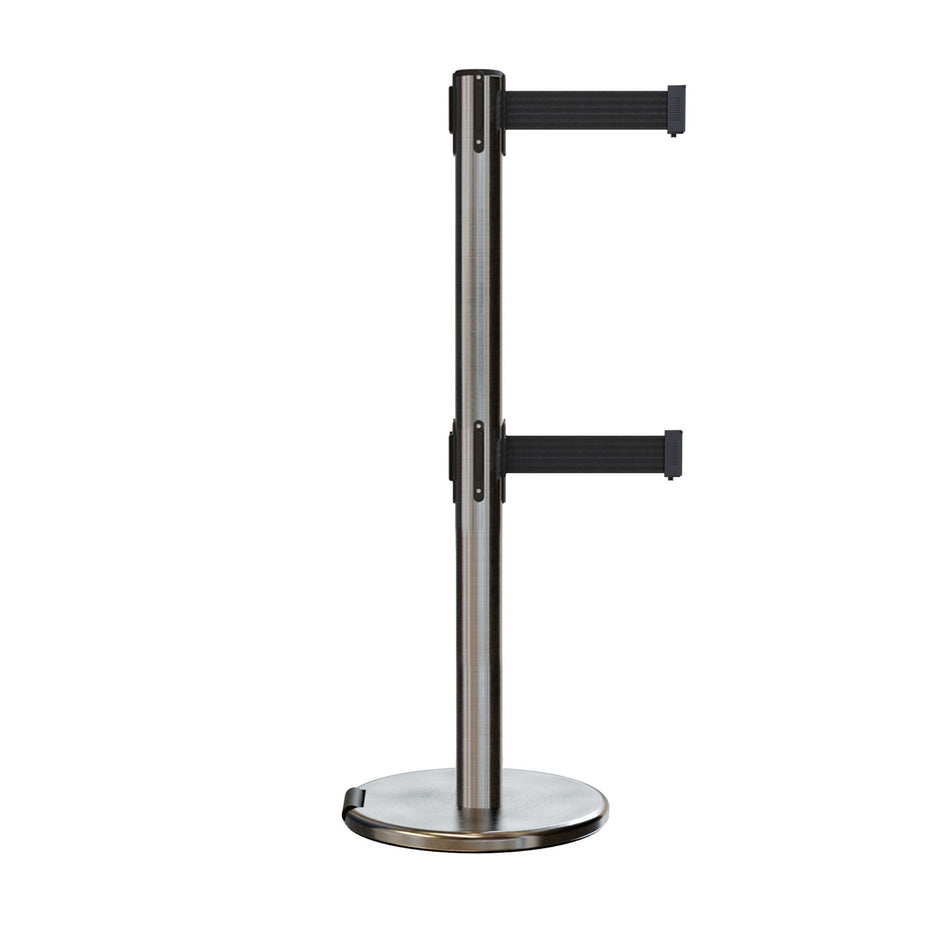 Retractable Dual Belt Barrier Stanchion, Rolling Base, Satin Stainless Steel Post, 13 ft Belt - Montour Line ME630D - Crowd Control Warehouse