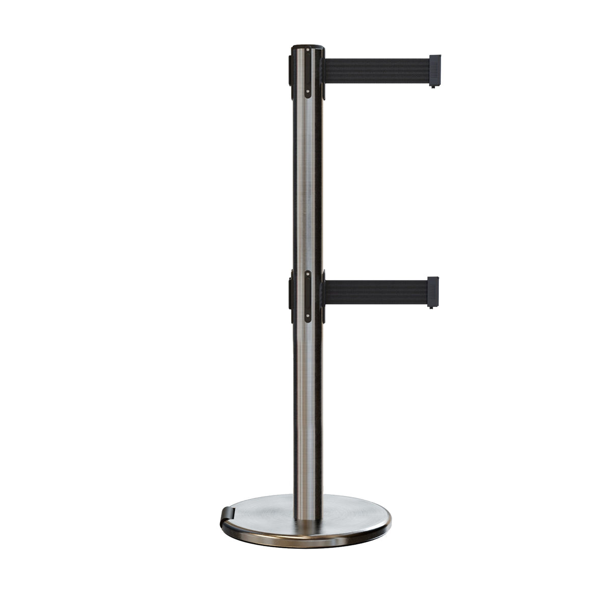 Retractable Dual Belt Barrier Stanchion, Rolling Base, Satin Stainless Steel Post, 13 ft Belt - Montour Line ME630D - Crowd Control Warehouse