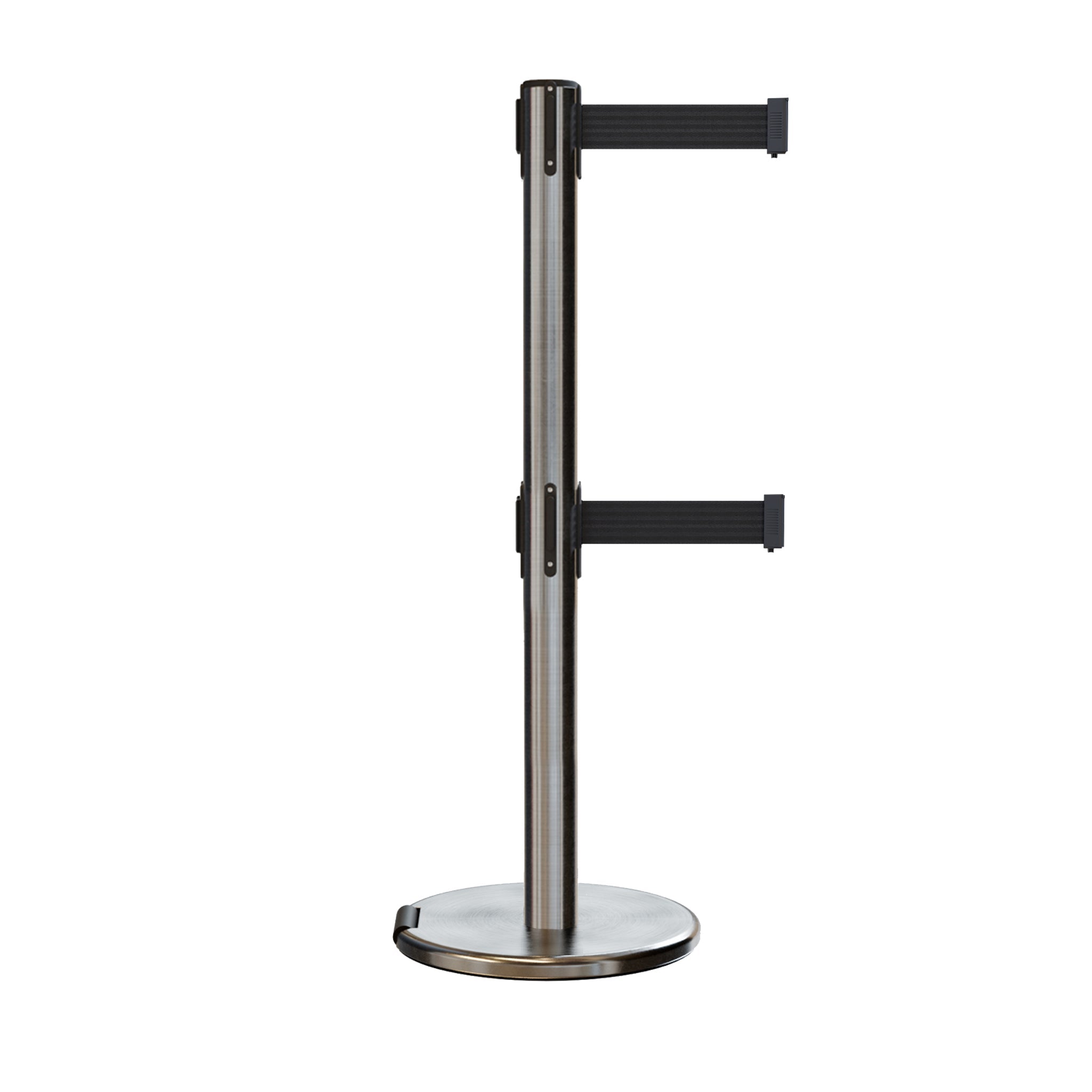 Retractable Dual Belt Barrier Stanchion, Rolling Base, Satin Stainless Steel Post, 13 ft Belt - Montour Line ME630D - Crowd Control Warehouse