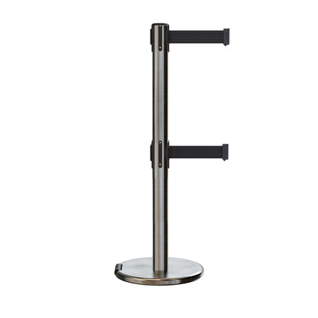 Retractable Dual Belt Barrier Stanchion, Rolling Base, Satin Stainless Steel Post, 13 ft Belt - Montour Line ME630D - Crowd Control Warehouse