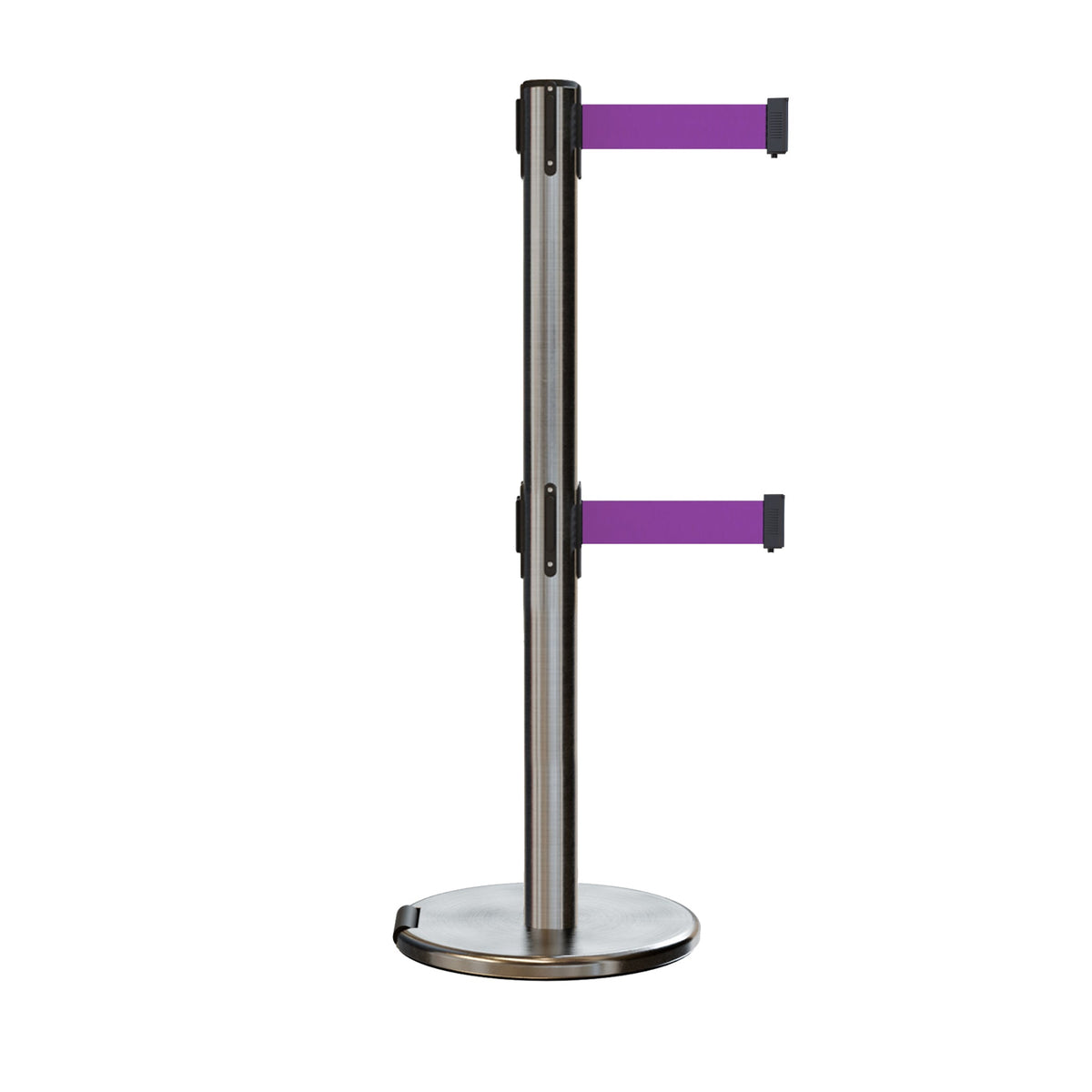 Retractable Dual Belt Barrier Stanchion, Rolling Base, Satin Stainless Steel Post, 13 ft Belt - Montour Line ME630D - Crowd Control Warehouse