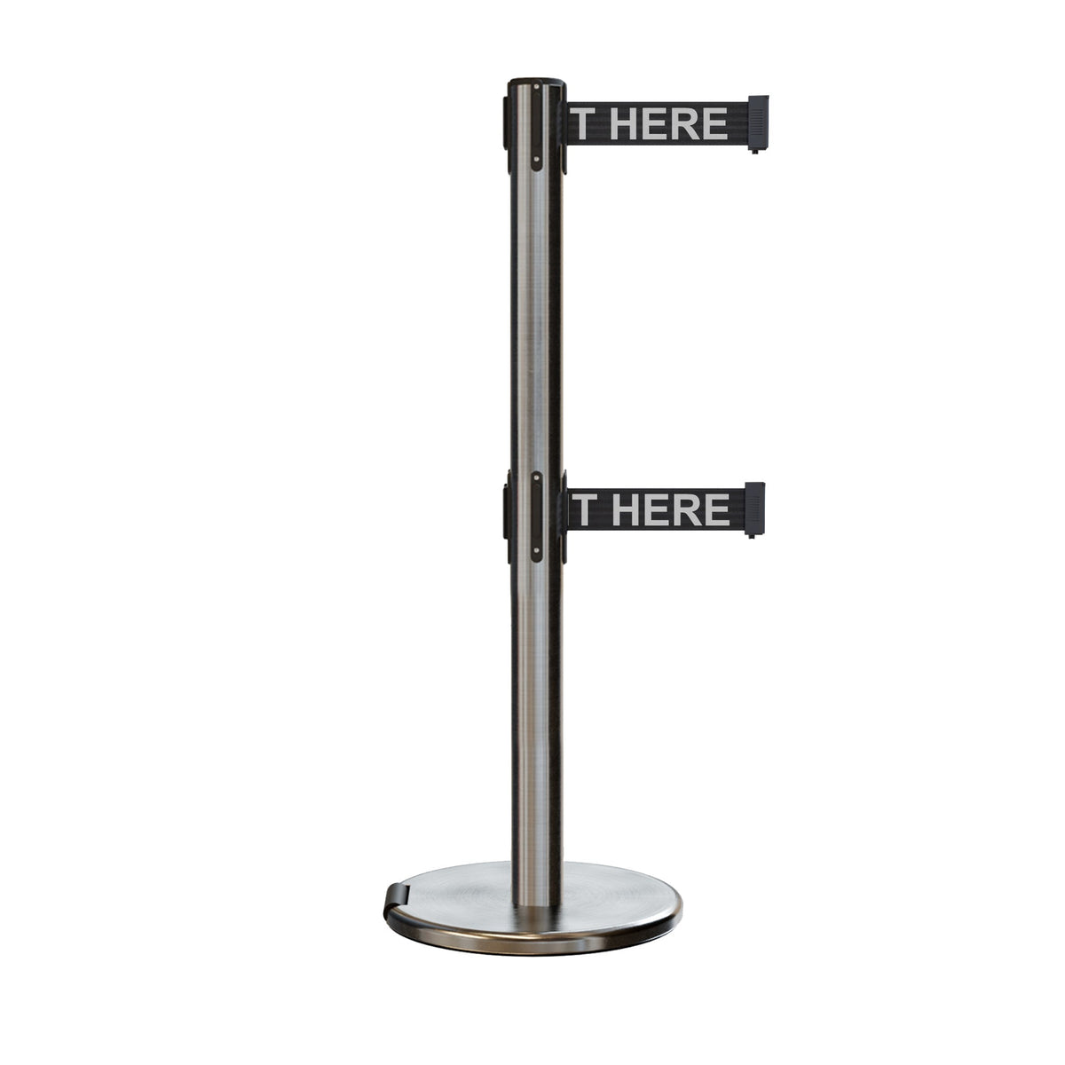 Retractable Dual Belt Barrier Stanchion, Rolling Base, Satin Stainless Steel Post, 13 ft Belt - Montour Line ME630D - Crowd Control Warehouse