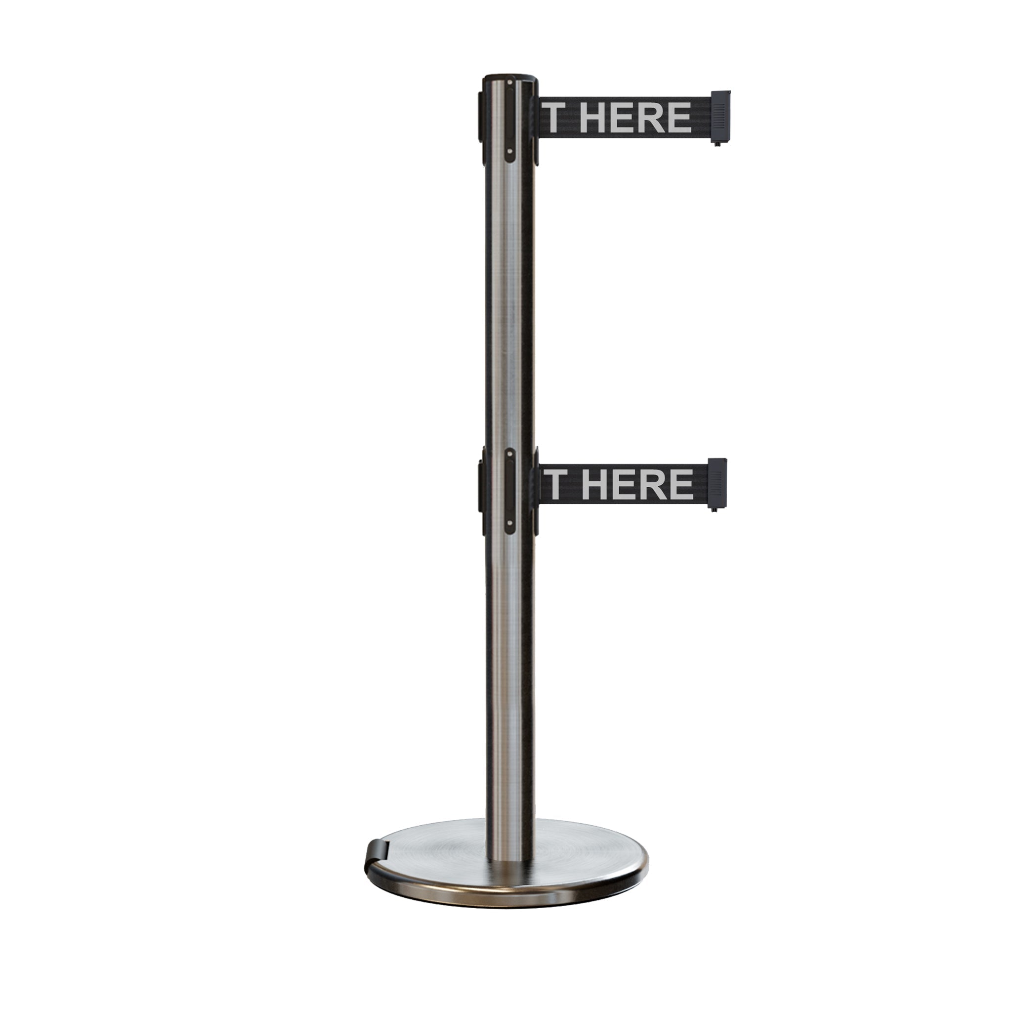 Retractable Dual Belt Barrier Stanchion, Rolling Base, Satin Stainless Steel Post, 13 ft Belt - Montour Line ME630D - Crowd Control Warehouse