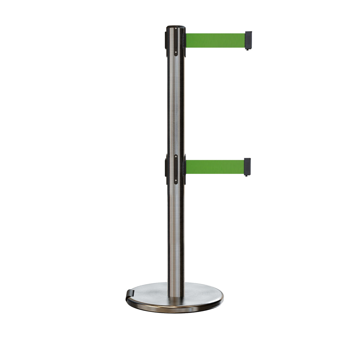 Retractable Dual Belt Barrier Stanchion, Rolling Base, Satin Stainless Steel Post, 13 ft Belt - Montour Line ME630D - Crowd Control Warehouse
