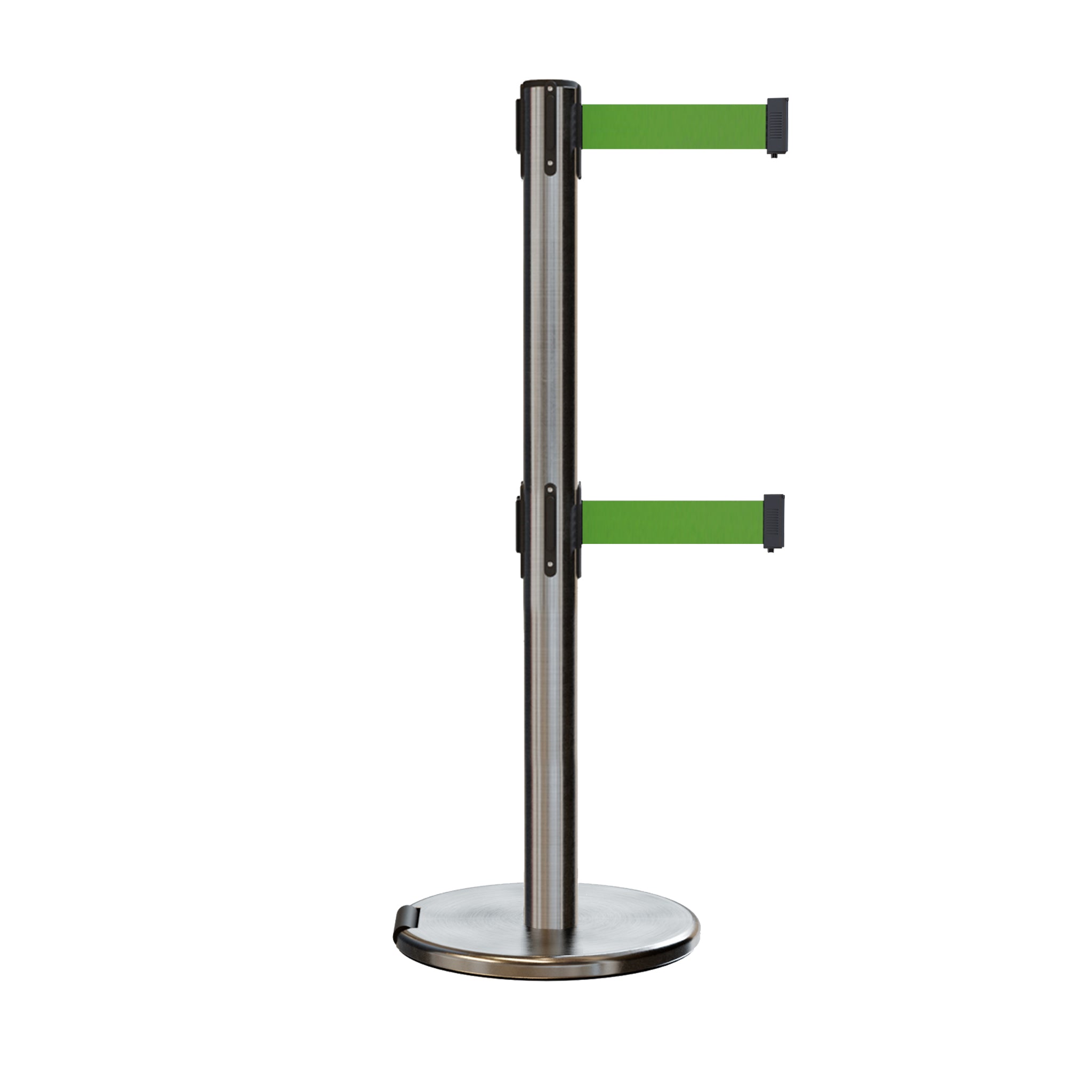 Retractable Dual Belt Barrier Stanchion, Rolling Base, Satin Stainless Steel Post, 13 ft Belt - Montour Line ME630D - Crowd Control Warehouse