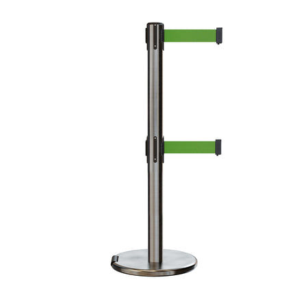 Retractable Dual Belt Barrier Stanchion, Rolling Base, Satin Stainless Steel Post, 13 ft Belt - Montour Line ME630D - Crowd Control Warehouse