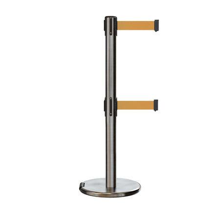 Retractable Dual Belt Barrier Stanchion, Rolling Base, Satin Stainless Steel Post, 13 ft Belt - Montour Line ME630D - Crowd Control Warehouse