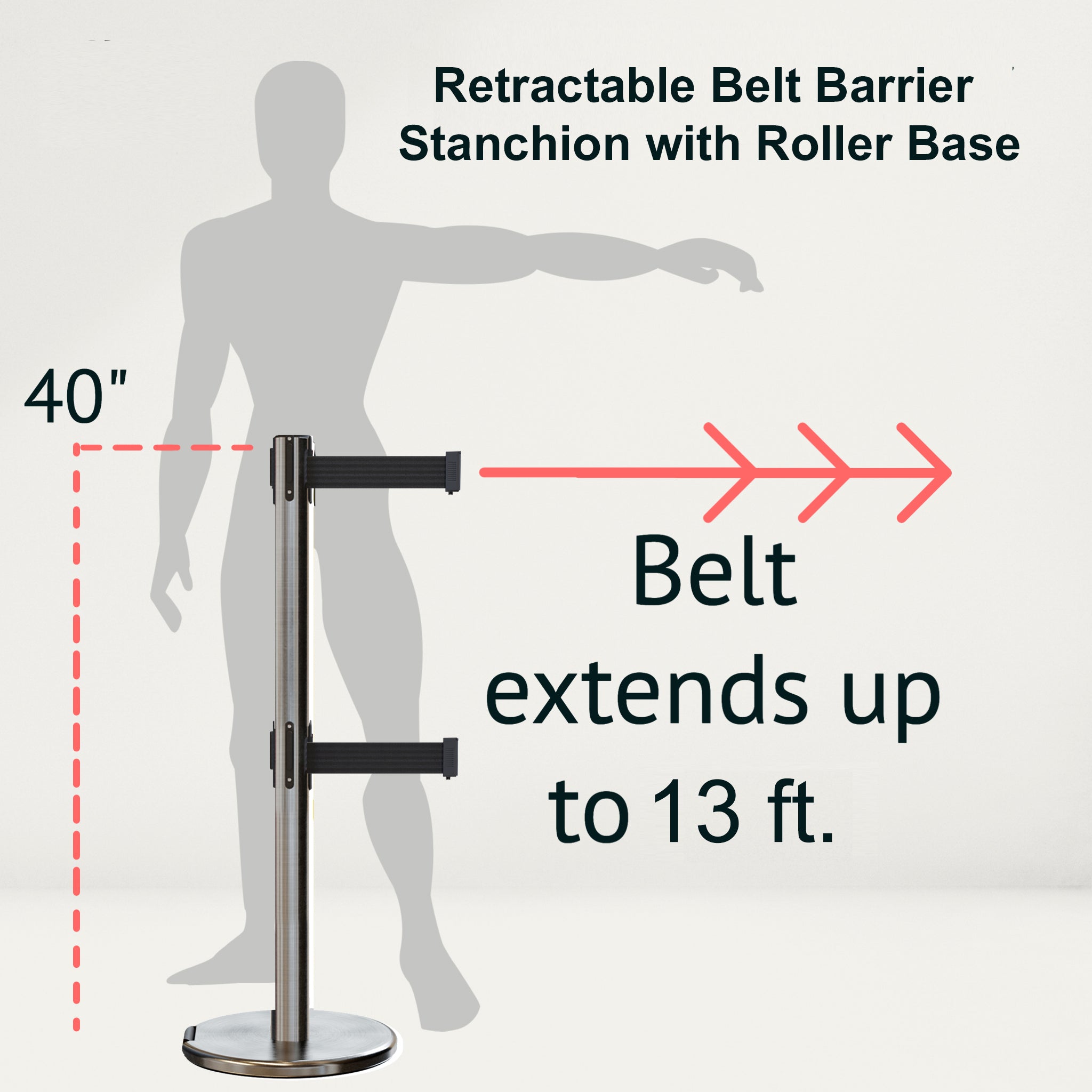 Retractable Dual Belt Barrier Stanchion, Rolling Base, Satin Stainless Steel Post, 13 ft Belt - Montour Line ME630D - Crowd Control Warehouse