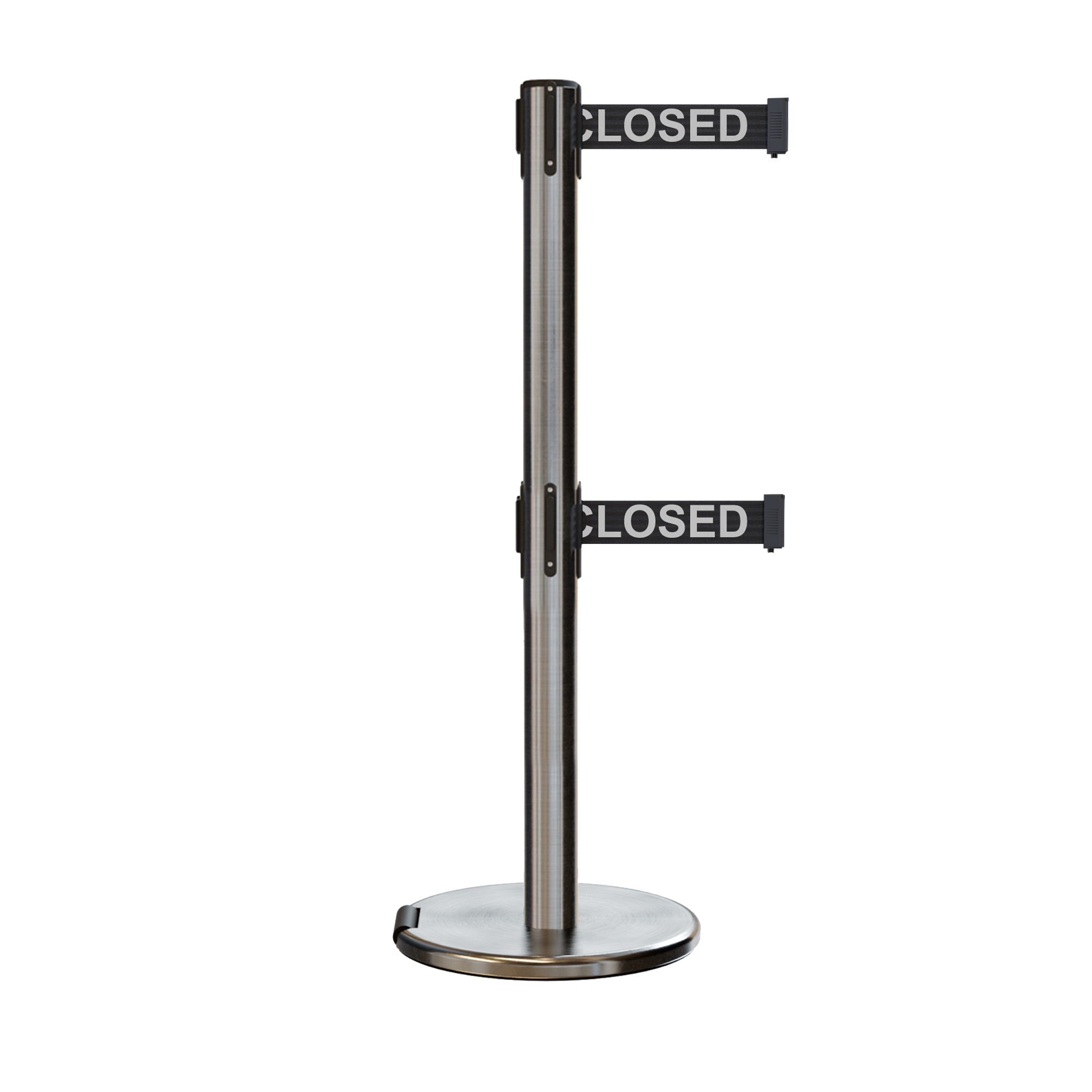 Retractable Dual Belt Barrier Stanchion, Rolling Base, Satin Stainless Steel Post, 13 ft Belt - Montour Line ME630D - Crowd Control Warehouse