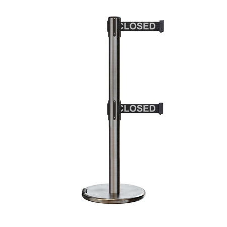 Retractable Dual Belt Barrier Stanchion, Rolling Base, Satin Stainless Steel Post, 13 ft Belt - Montour Line ME630D - Crowd Control Warehouse