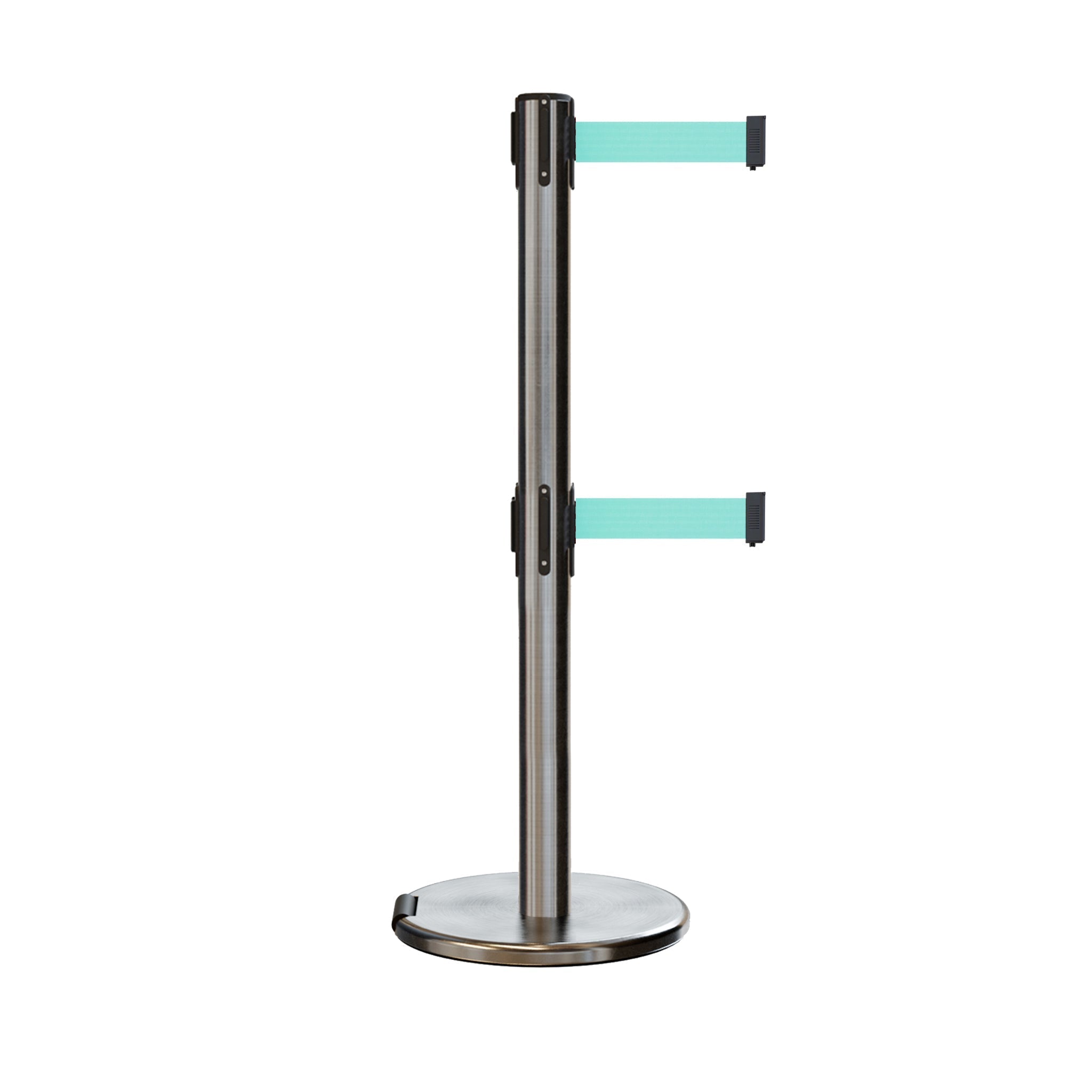 Retractable Dual Belt Barrier Stanchion, Rolling Base, Satin Stainless Steel Post, 13 ft Belt - Montour Line ME630D - Crowd Control Warehouse