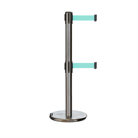 Retractable Dual Belt Barrier Stanchion, Rolling Base, Satin Stainless Steel Post, 13 ft Belt - Montour Line ME630D - Crowd Control Warehouse