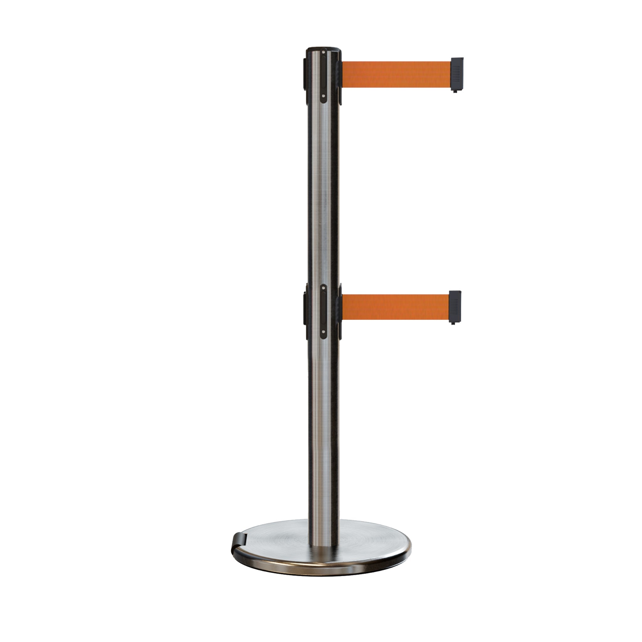 Retractable Dual Belt Barrier Stanchion, Rolling Base, Satin Stainless Steel Post, 13 ft Belt - Montour Line ME630D - Crowd Control Warehouse