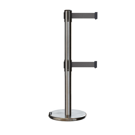 Retractable Dual Belt Barrier Stanchion, Rolling Base, Satin Stainless Steel Post, 13 ft Belt - Montour Line ME630D - Crowd Control Warehouse
