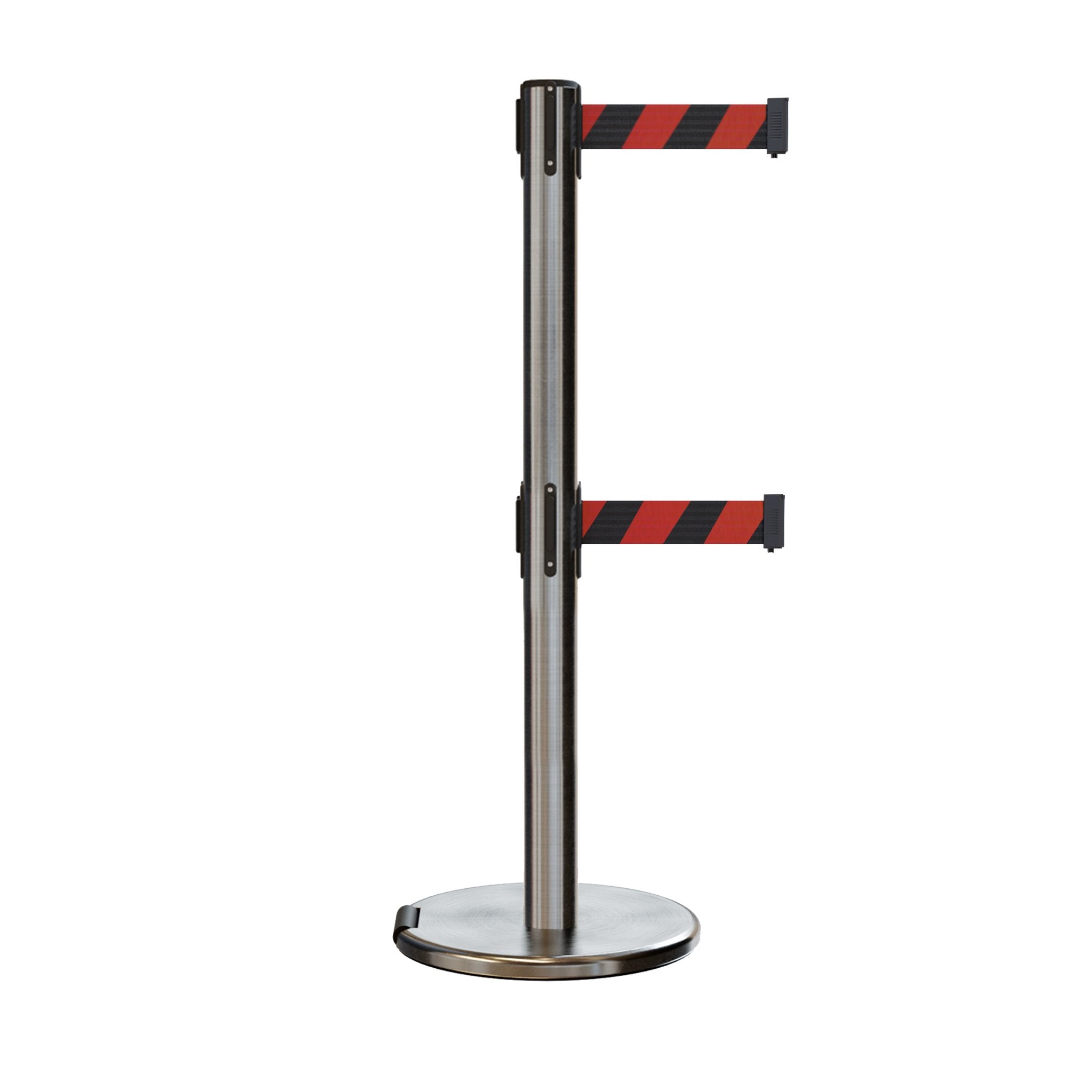 Retractable Dual Belt Barrier Stanchion, Rolling Base, Satin Stainless Steel Post, 7.5 ft Belt - Montour Line ME630D - Crowd Control Warehouse