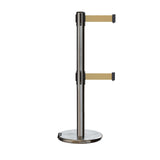 Retractable Dual Belt Barrier Stanchion, Rolling Base, Satin Stainless Steel Post, 7.5 ft Belt - Montour Line ME630D - Crowd Control Warehouse