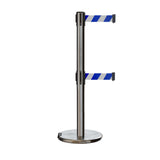 Retractable Dual Belt Barrier Stanchion, Rolling Base, Satin Stainless Steel Post, 7.5 ft Belt - Montour Line ME630D - Crowd Control Warehouse