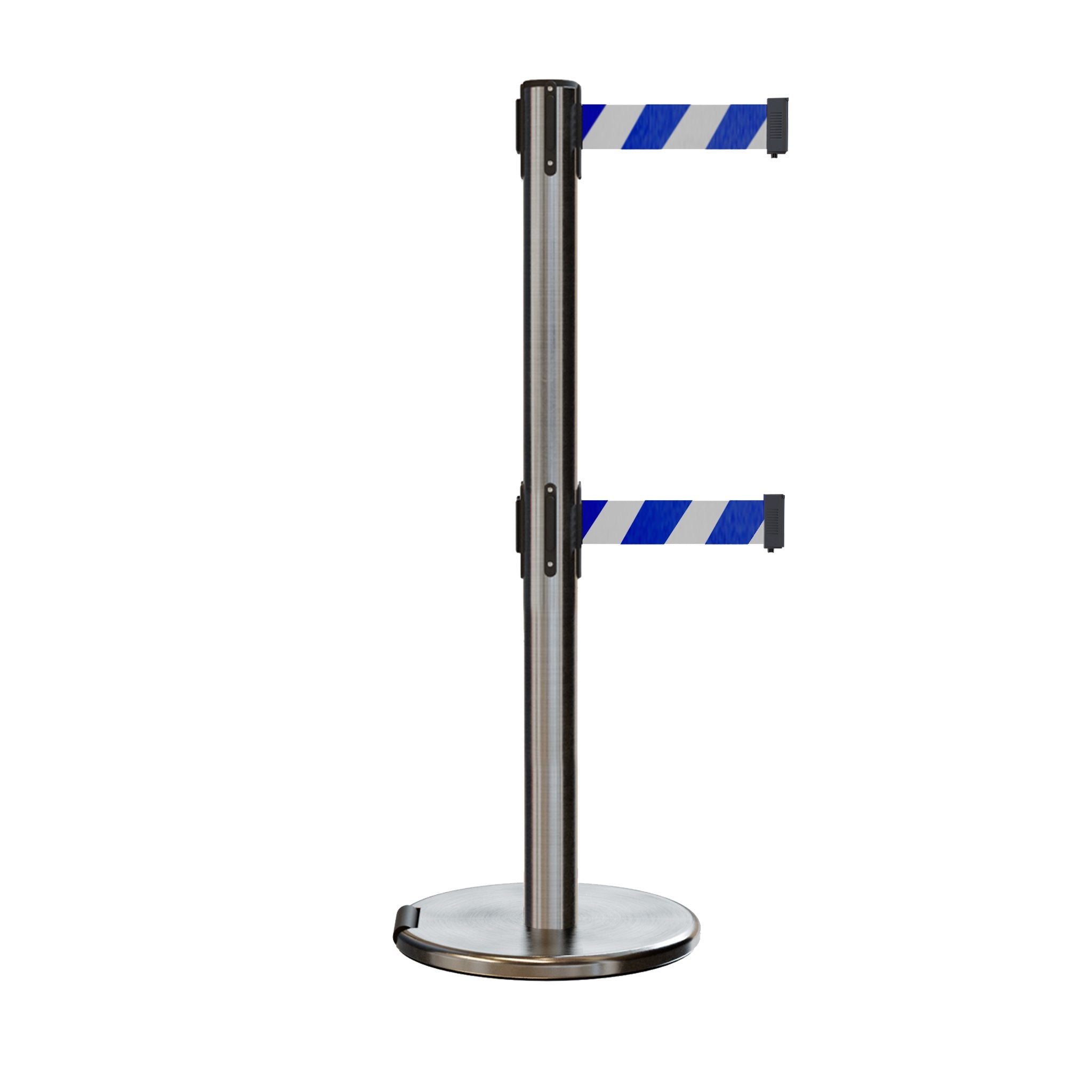 Retractable Dual Belt Barrier Stanchion, Rolling Base, Satin Stainless Steel Post, 7.5 ft Belt - Montour Line ME630D - Crowd Control Warehouse