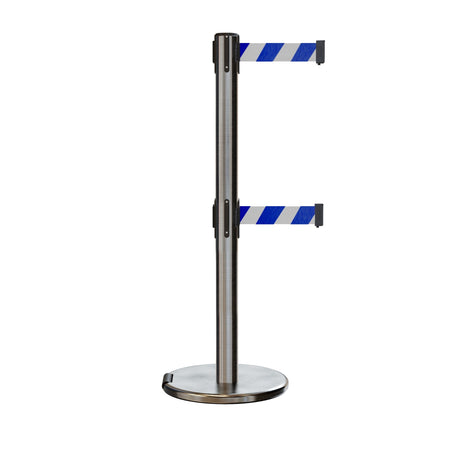 Retractable Dual Belt Barrier Stanchion, Rolling Base, Satin Stainless Steel Post, 7.5 ft Belt - Montour Line ME630D - Crowd Control Warehouse