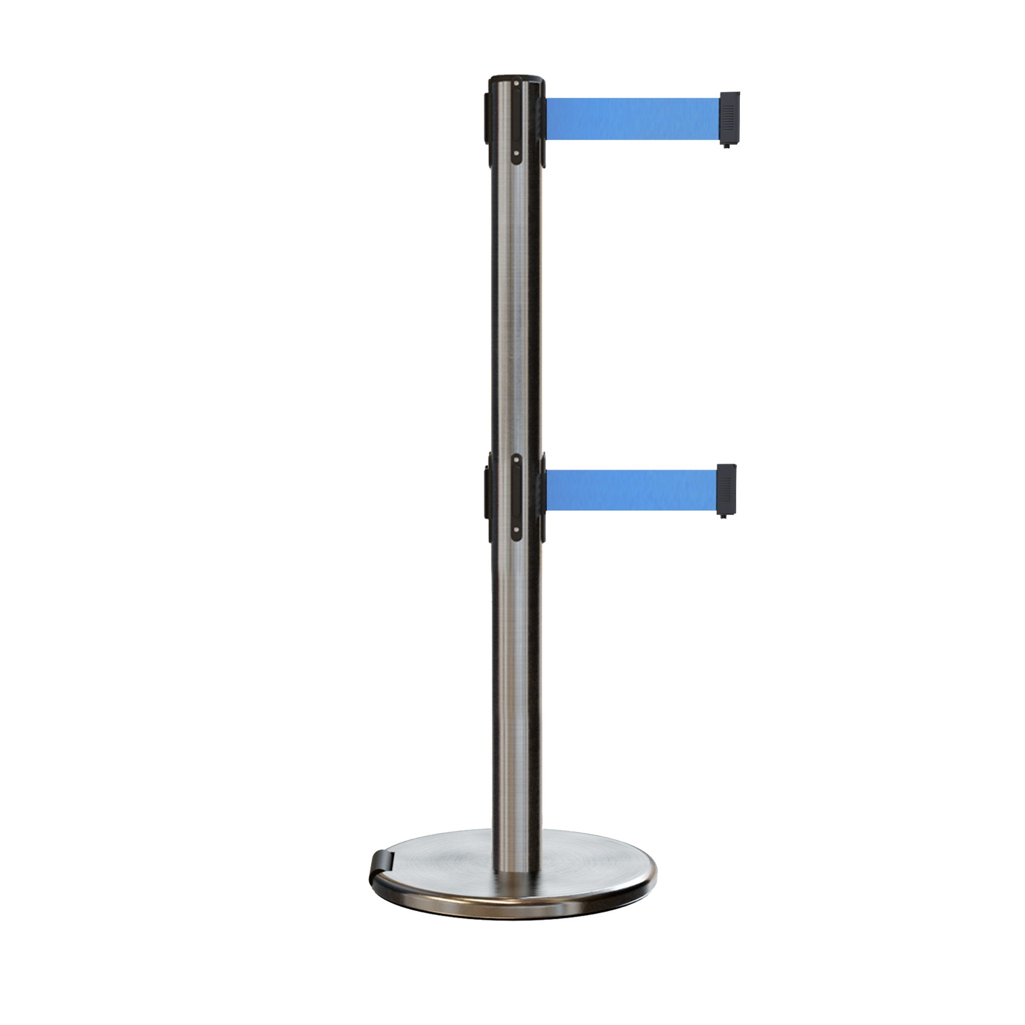 Retractable Dual Belt Barrier Stanchion, Rolling Base, Satin Stainless Steel Post, 7.5 ft Belt - Montour Line ME630D - Crowd Control Warehouse
