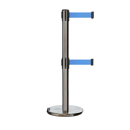 Retractable Dual Belt Barrier Stanchion, Rolling Base, Satin Stainless Steel Post, 7.5 ft Belt - Montour Line ME630D - Crowd Control Warehouse