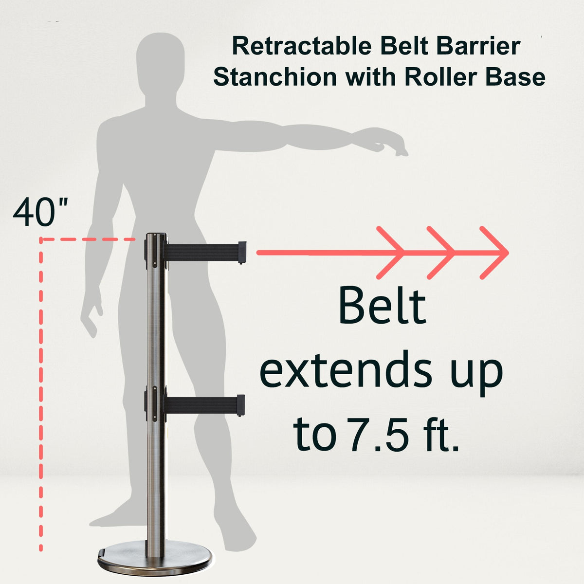 Retractable Dual Belt Barrier Stanchion, Rolling Base, Satin Stainless Steel Post, 7.5 ft Belt - Montour Line ME630D - Crowd Control Warehouse