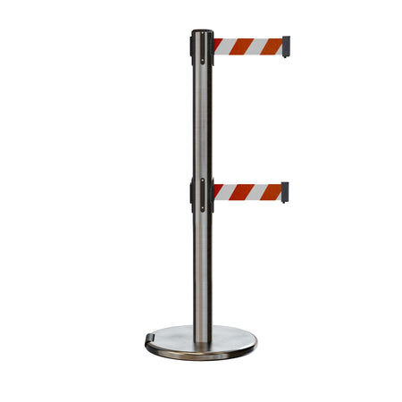 Retractable Dual Belt Barrier Stanchion, Rolling Base, Satin Stainless Steel Post, 7.5 ft Belt - Montour Line ME630D - Crowd Control Warehouse