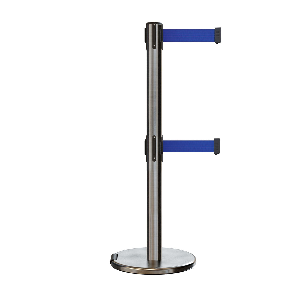 Retractable Dual Belt Barrier Stanchion, Rolling Base, Satin Stainless Steel Post, 7.5 ft Belt - Montour Line ME630D - Crowd Control Warehouse