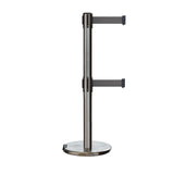 Retractable Dual Belt Barrier Stanchion, Rolling Base, Satin Stainless Steel Post, 7.5 ft Belt - Montour Line ME630D - Crowd Control Warehouse