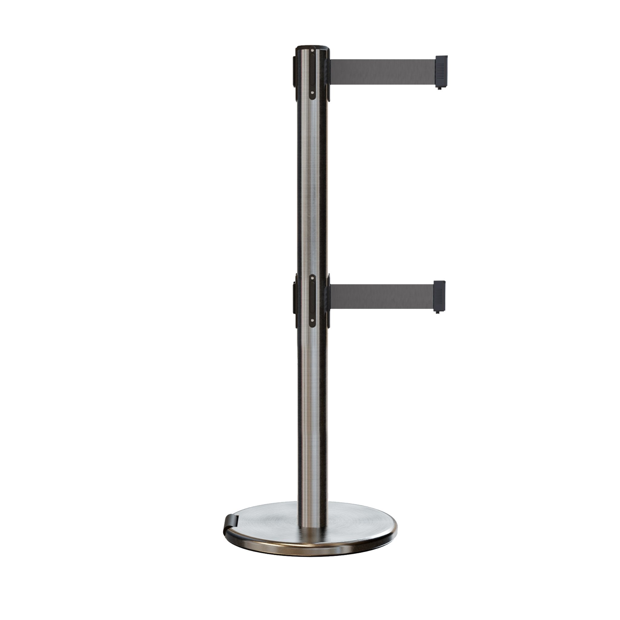Retractable Dual Belt Barrier Stanchion, Rolling Base, Satin Stainless Steel Post, 7.5 ft Belt - Montour Line ME630D - Crowd Control Warehouse