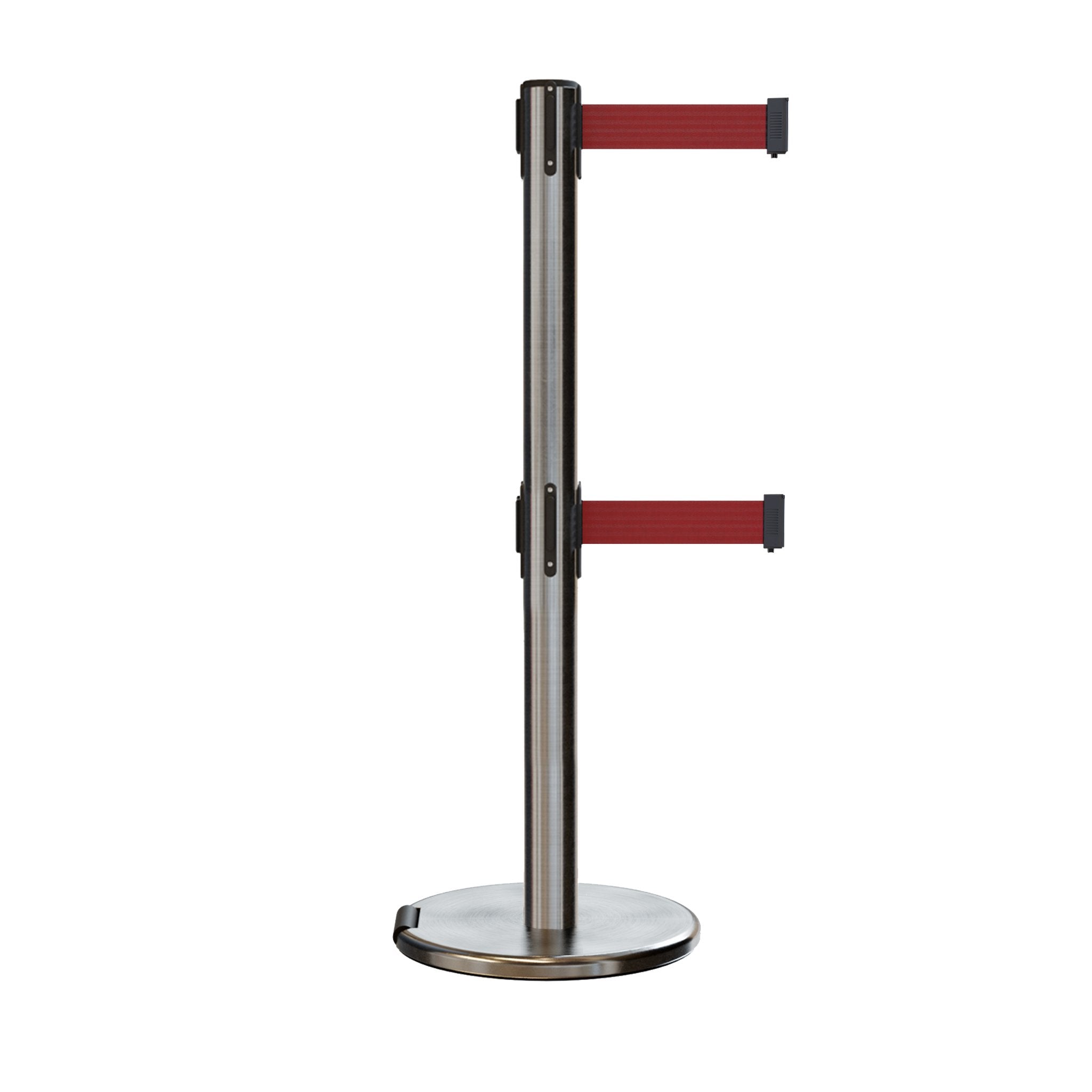 Retractable Dual Belt Barrier Stanchion, Rolling Base, Satin Stainless Steel Post, 7.5 ft Belt - Montour Line ME630D - Crowd Control Warehouse