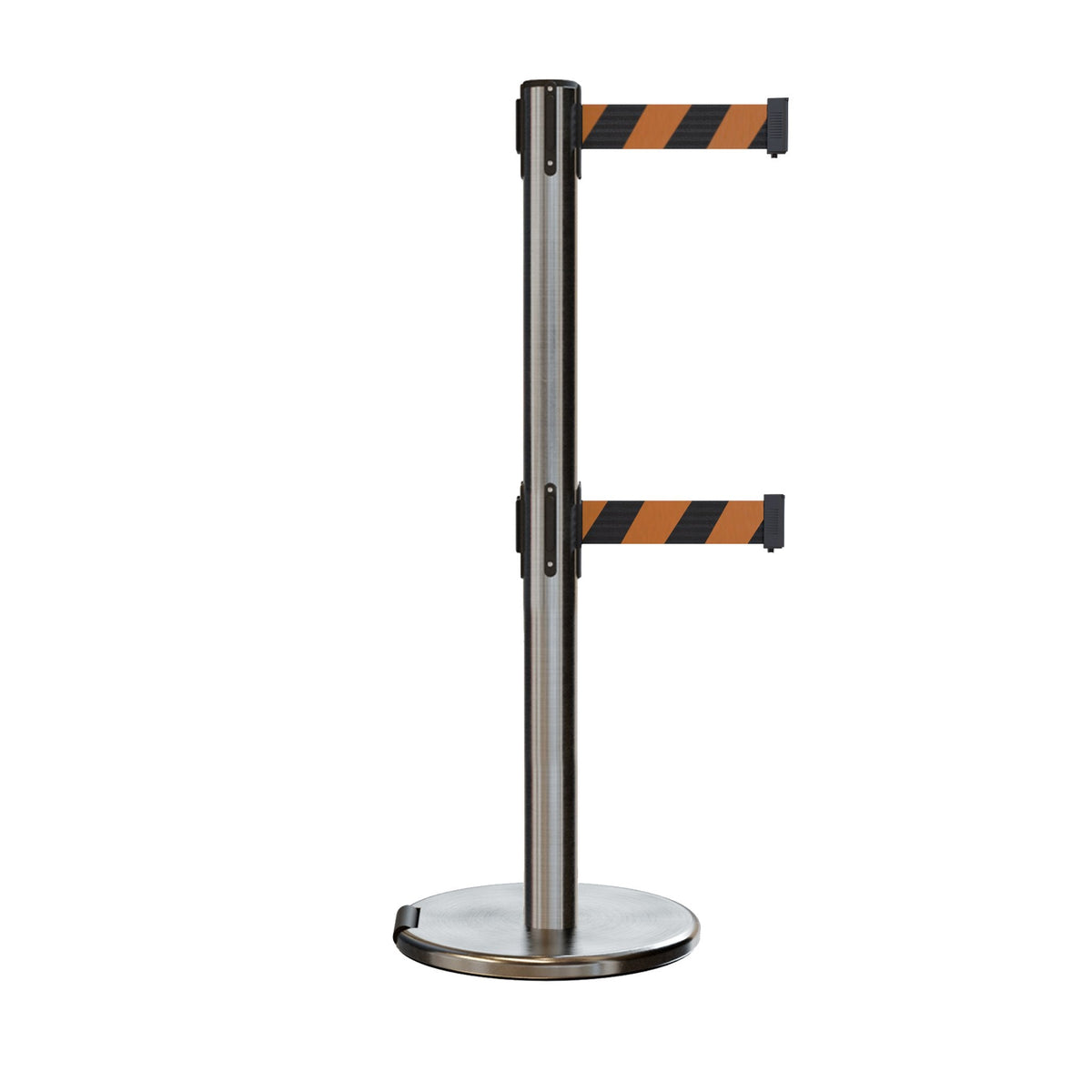 Retractable Dual Belt Barrier Stanchion, Rolling Base, Satin Stainless Steel Post, 7.5 ft Belt - Montour Line ME630D - Crowd Control Warehouse