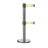 Retractable Dual Belt Barrier Stanchion, Rolling Base, Satin Stainless Steel Post, 7.5 ft Belt - Montour Line ME630D - Crowd Control Warehouse