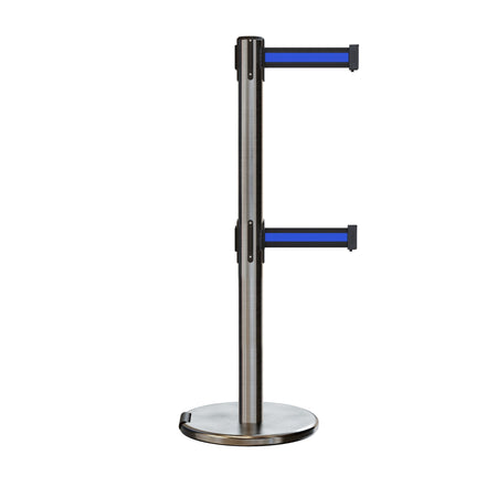 Retractable Dual Belt Barrier Stanchion, Rolling Base, Satin Stainless Steel Post, 7.5 ft Belt - Montour Line ME630D - Crowd Control Warehouse